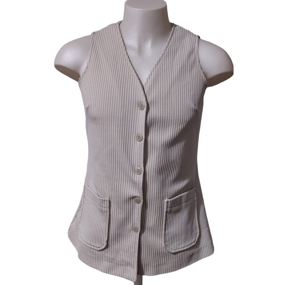 Cricket Lane Vest 16 Women Vintage Y2K Retro Boho Tan Pinstripe Ribbed Button Up